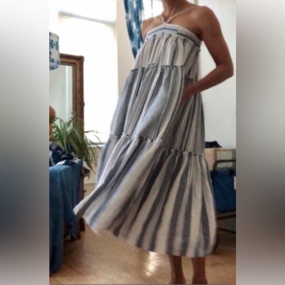 J. Crew UNWORN blue and white chambray linen striped tiered halter maxi.